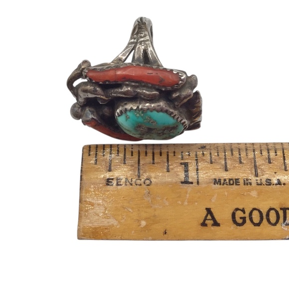 Sz 7, Vintage Ring, Turquoise Coral Sterling Silver Statement Ring - Picture 13 of 16
